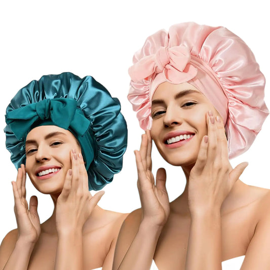 2Pc Satin Silk Hair Bonnet with Adjustable Tie Band